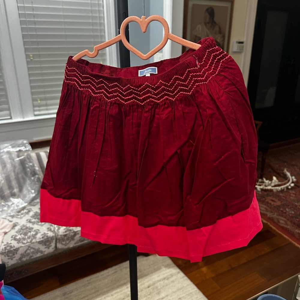 Jacadi Burgundy and Bright Red Smocked Waist Mini Skirt for Girls -Size: 5 years